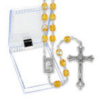 6mm Topaz Crystal Multi Faceted Glass Bead Rosary with Detailed Center and Fancy Crucifix Boxed  19"  Quantity of 10