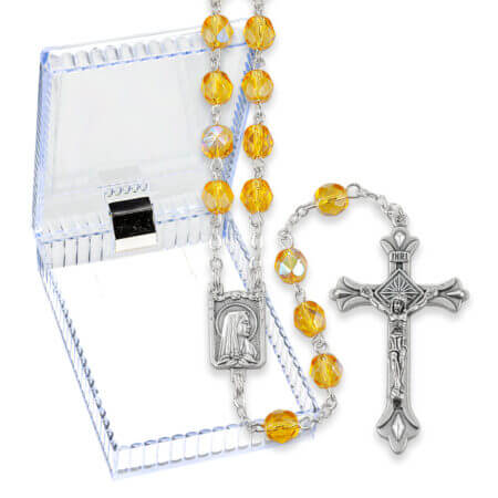 6mm Topaz Crystal Multi Faceted Glass Bead Rosary with Detailed Center and Fancy Crucifix Boxed  19"  Quantity of 10