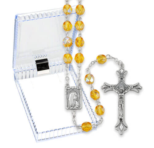 6mm Topaz Crystal Multi Faceted Glass Bead Rosary with Detailed Center and Fancy Crucifix Boxed  19"  Quantity of 10