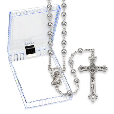 5mm Silver Finish Rosary in a Plastic Hinged Box 16 1/4" Quantity of 10