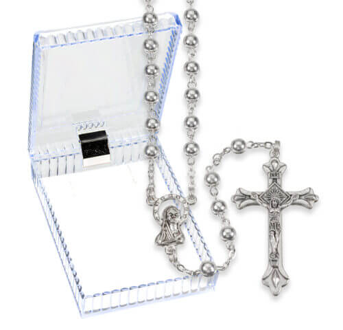 5mm Silver Finish Rosary in a Plastic Hinged Box 16 1/4" Quantity of 10
