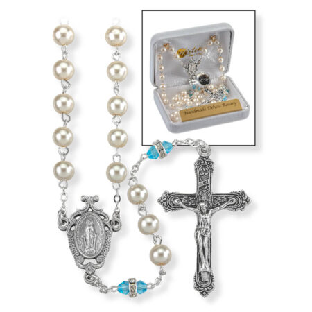 Deluxe March Birthstone Imitation Pearl Rosary