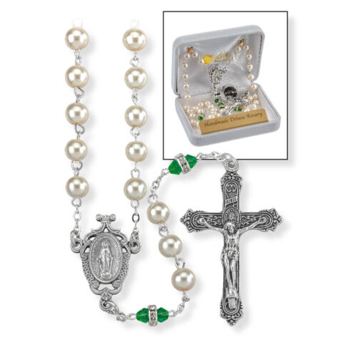 Deluxe May Birthstone Imitation Pearl Rosary