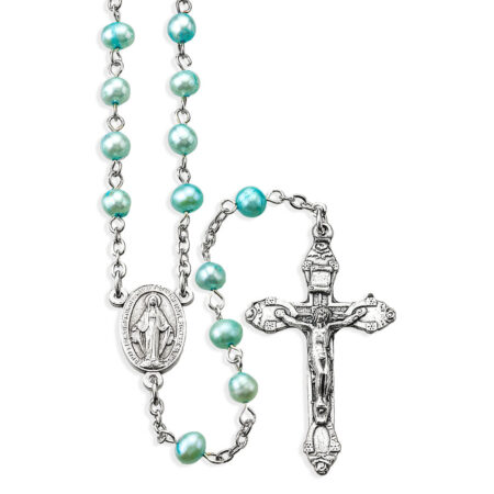5mm Genuine Light Blue Freshwater Pearl Rosary in a Grey Velvet Box