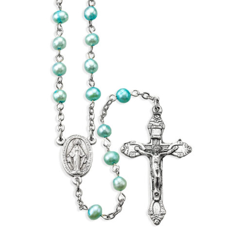 5mm Genuine Light Blue Freshwater Pearl Rosary in a Grey Velvet Box