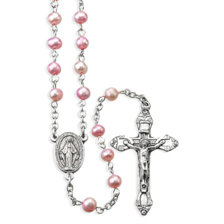 5mm Genuine Pink Freshwater Pearl Rosary in a Grey Velvet Box
