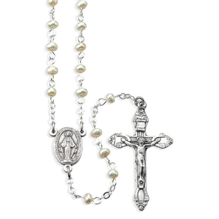 5mm Genuine White Freshwater Pearl Rosary in a Grey Velvet Box