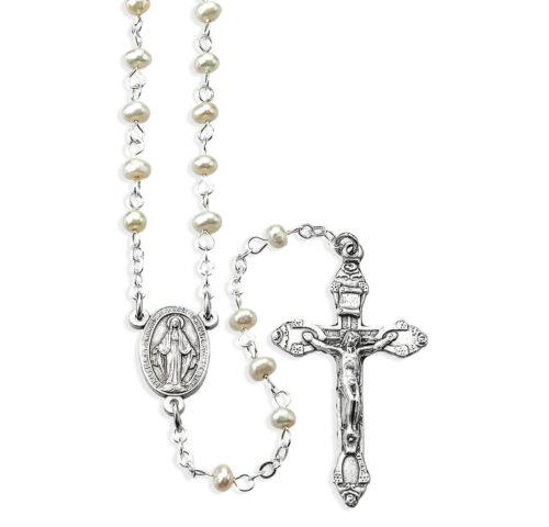 5mm Genuine White Freshwater Pearl Rosary in a Grey Velvet Box