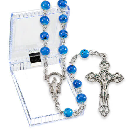 6mm Blue Speckled Glass Bead Rosary Boxed Quantity of 10