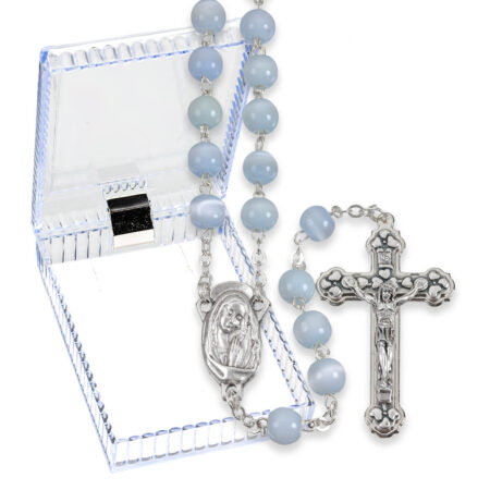 Light Blue Cat's Eye Glass Bead Handmade Rosary – 8mm Round Beads – Silver Oxidized Center & Crucifix – 20.5" – 10 Pack