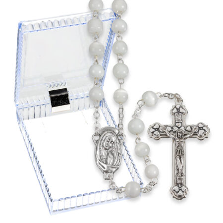 White Cat's Eye Glass Bead Handmade Rosary – 8mm Round Beads – Silver Oxidized Center & Crucifix – 21" – 10 Pack